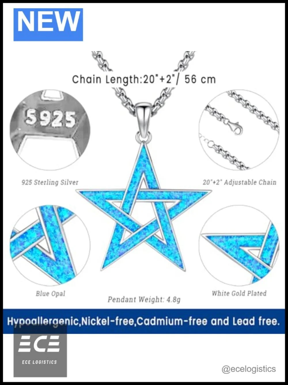 Sterling Silver Pentacle Star Necklace Genuine Blue Opal Adjustable